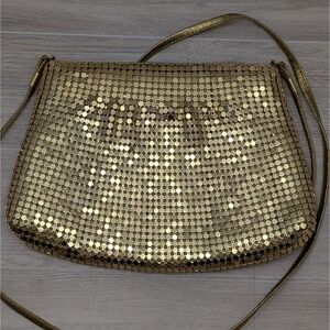 Vintage Gold Mesh Evening Bag Purse Shoulder Strap Clutch Disco Glam Metallic